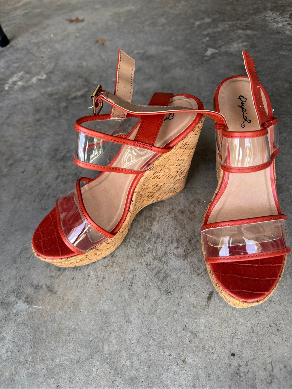 Qupid burnt orange Wedge Sandals with Clear Straps